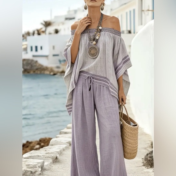Pants - Resort Island Outfit - Asymmetrical One-Shoulder Top with Wide-Leg Trousers
